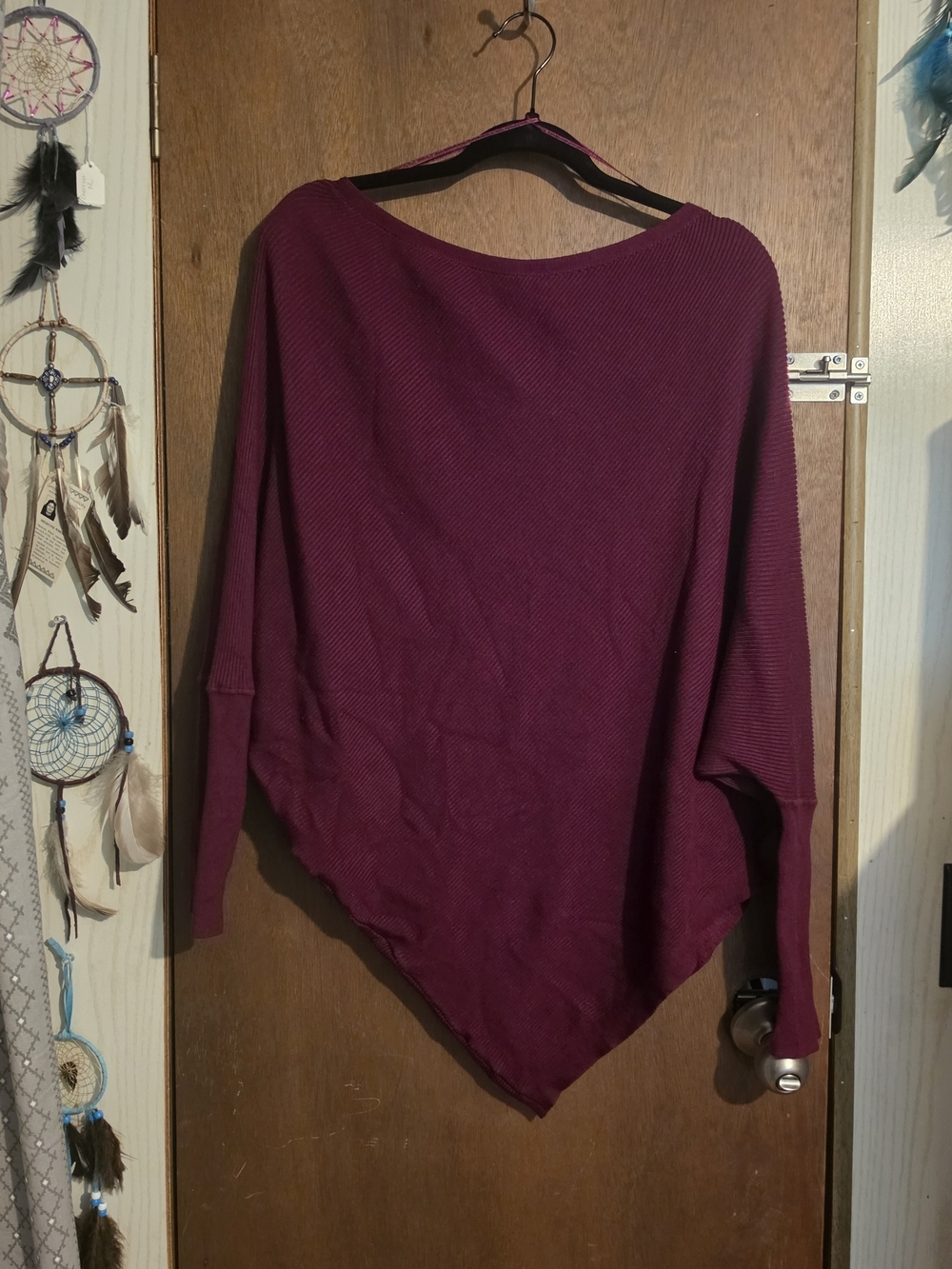 Bluivy Off-the-Shoulder Ribbed Poncho Sweater in Burgundy - Picture 2 of 6